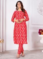 Rayon Silk Red Casual Wear Hand Work Kurti With Pant